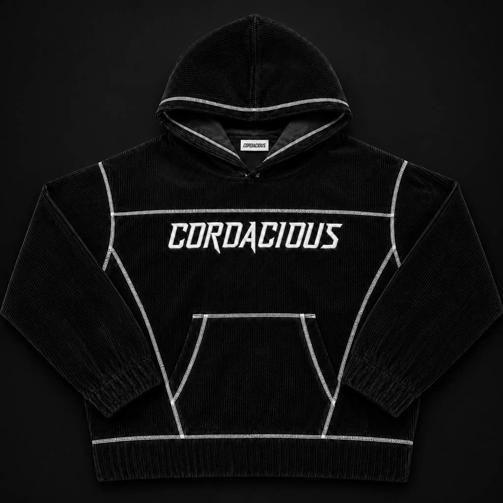 CORDACIOUS 'SPEED RACER' hoody photographed on a dark graphite background