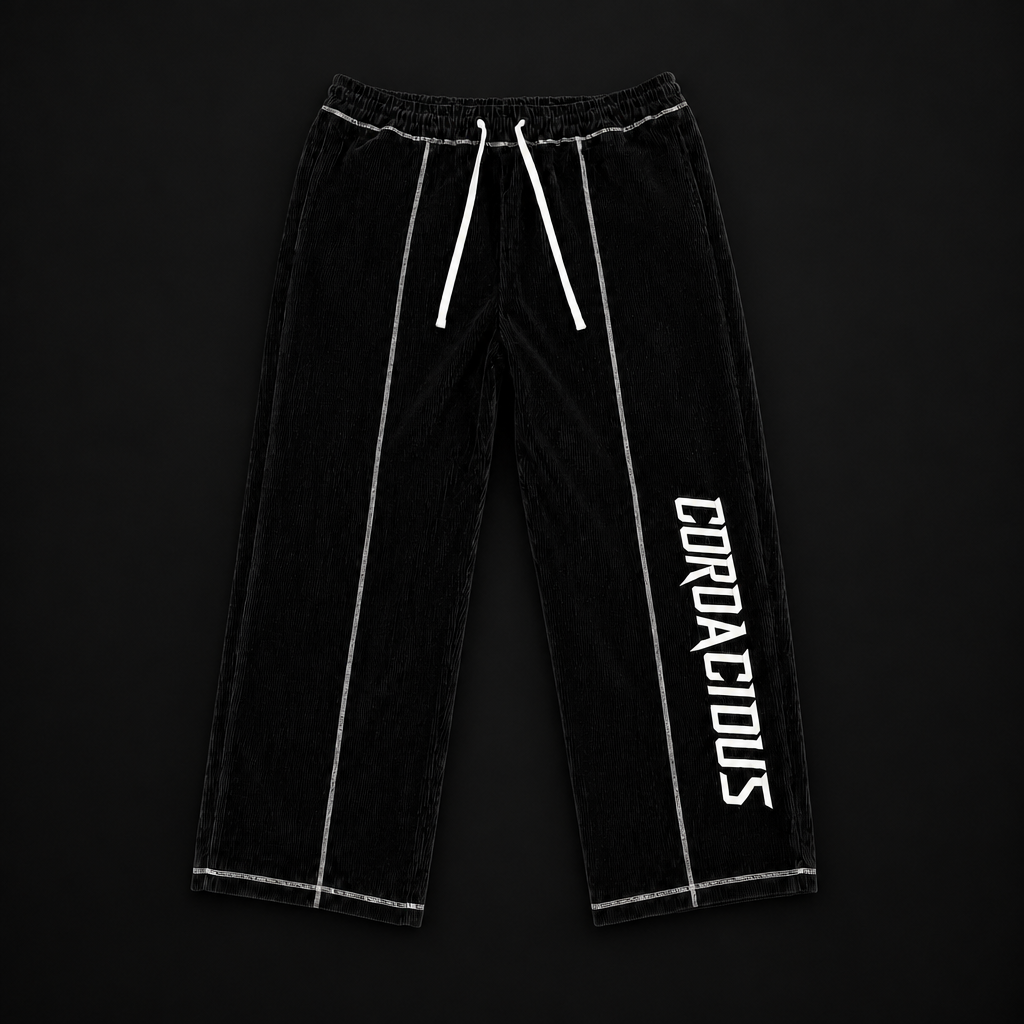 CORDACIOUS 'SPEED RACER' bottoms photographed on a dark graphite background