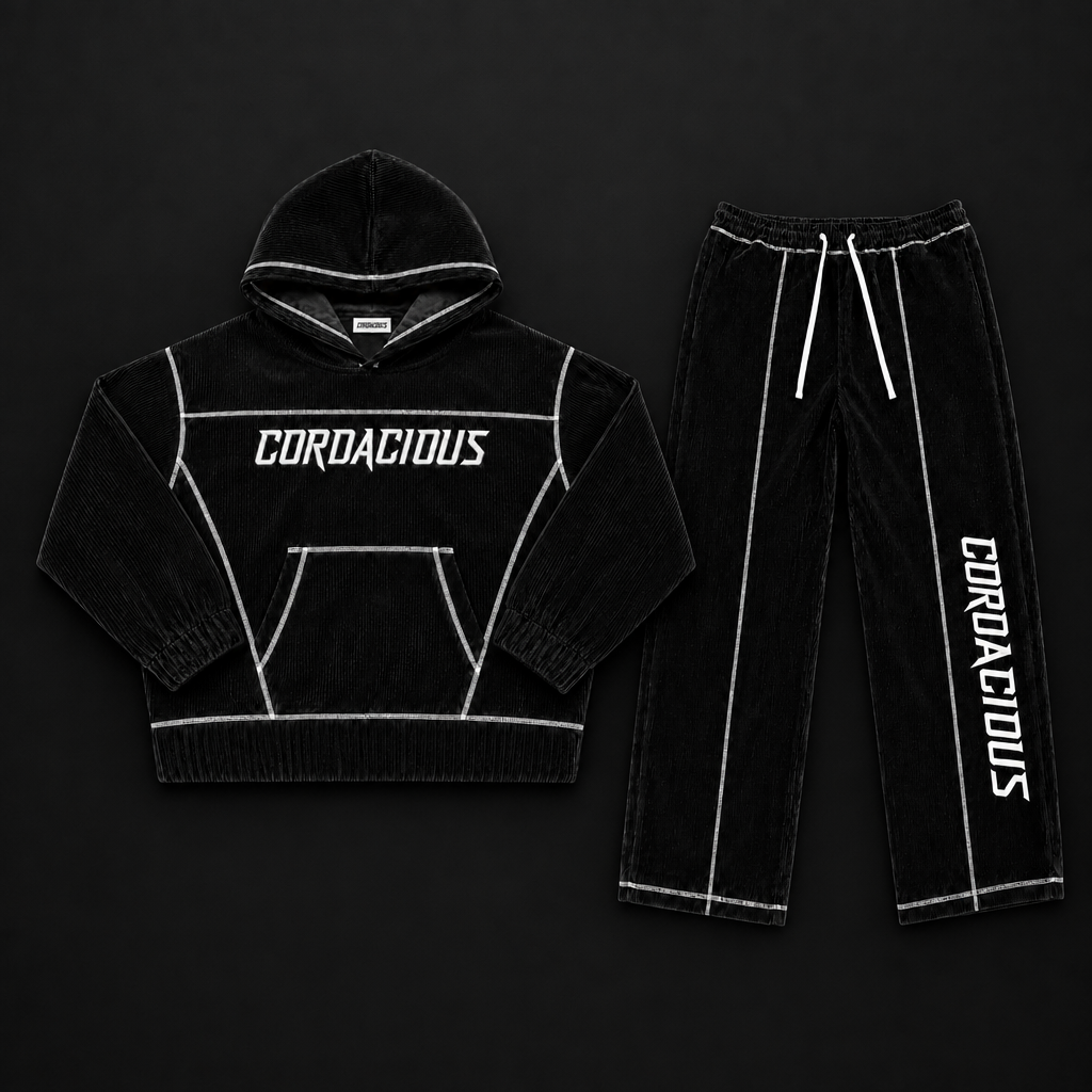 Black CORDACIOUS Speed Racer hoody and matching bottoms together on a dark graphite background